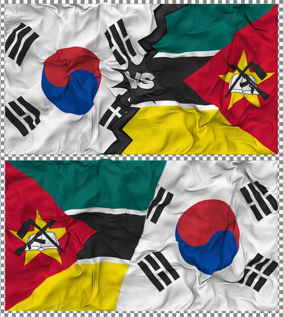 Mozambique versus Zuid-Korea Half gecombineerde vlag Cloth Bump Texture 3D Rendering