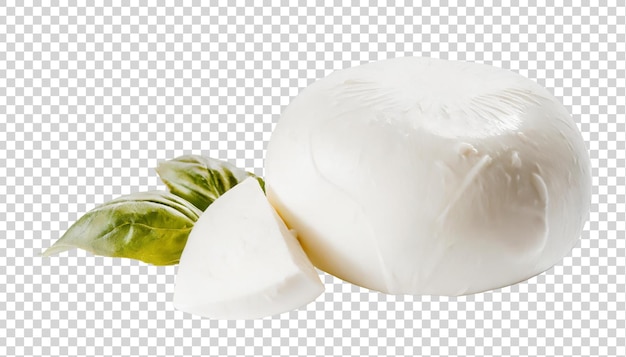 PSD mozzarella-kaasbal met groene bladeren op een doorzichtige achtergrond