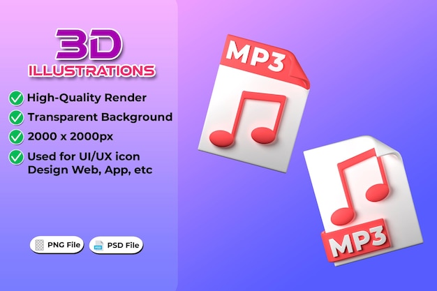 투명한 배경 Ui UX 아이콘 디자인 웹 및 앱 트렌드에서 MP3 파일 형식 3D 렌더링