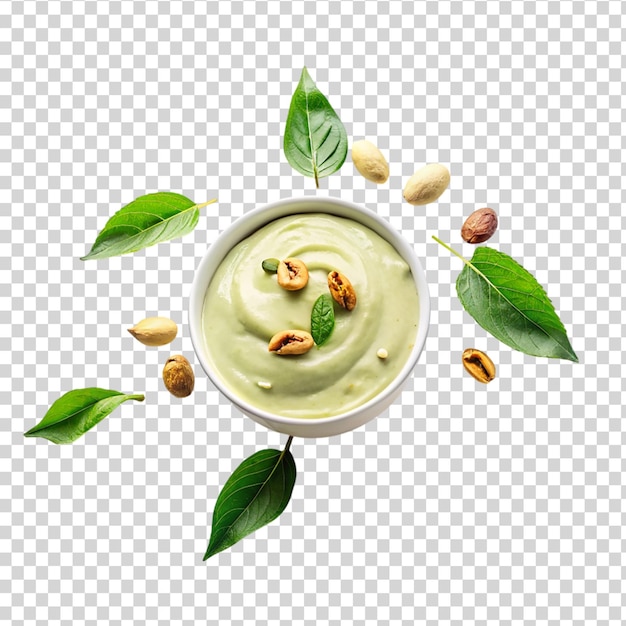 PSD 透明な背景に隔離された美味しいピスタチオクリーム緑の葉とナッツ