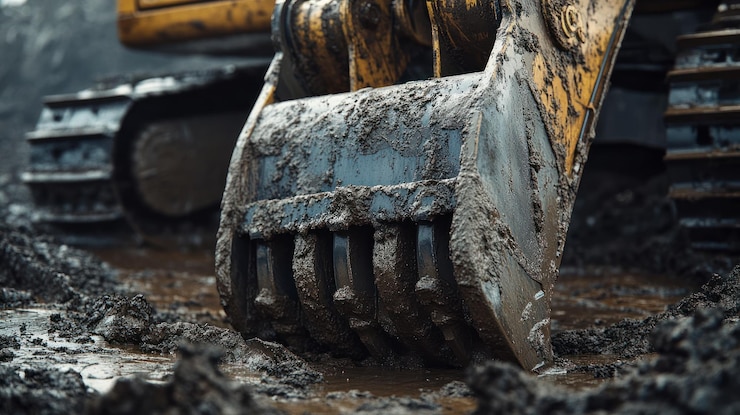 PSD muddy excavator bucket closeup heavy machinery digs into wet earth showcasing the power and grime of construction work