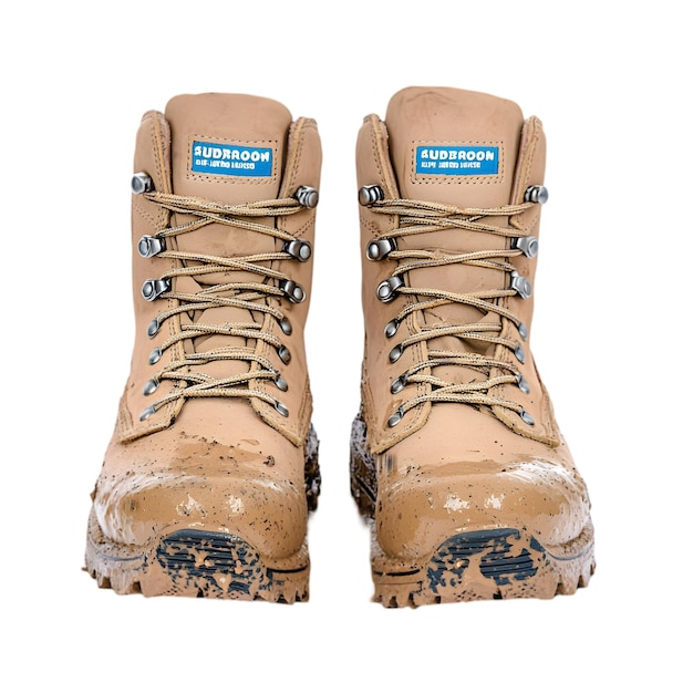 mudstained hiking boots with laces isolated on white background