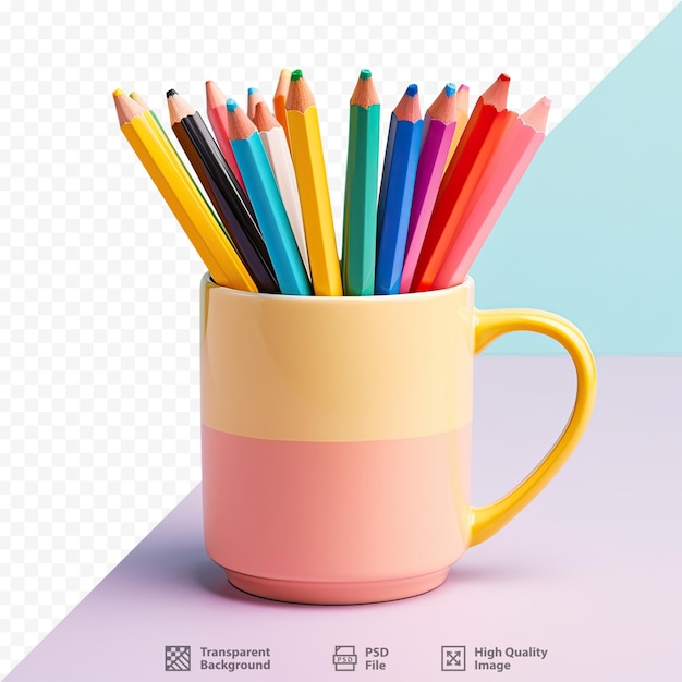 PSD a mug of colored pencils with a pink and yellow mug with the words 