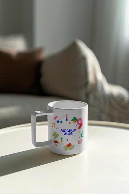 PSD mug design on table mockup