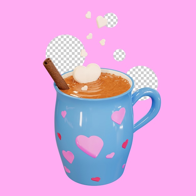 Tazza di cioccolata calda con cuori di marshmallow, rendering 3d. tazza di cappuccino, bevanda a san valentino