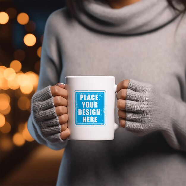 PSD mug mockup with woman hands