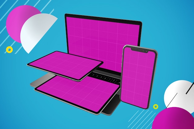 PSD multi devices mockup: laptop computer, digital tablet and smartphone