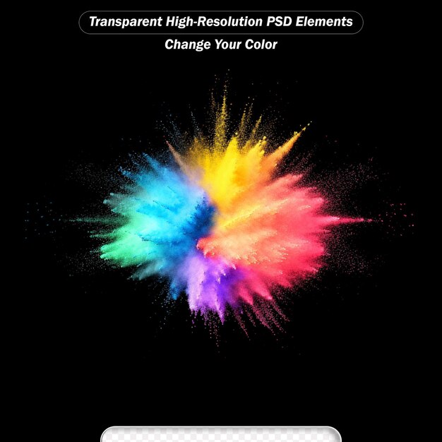 PSD multicolor powder explosion on black transparent background