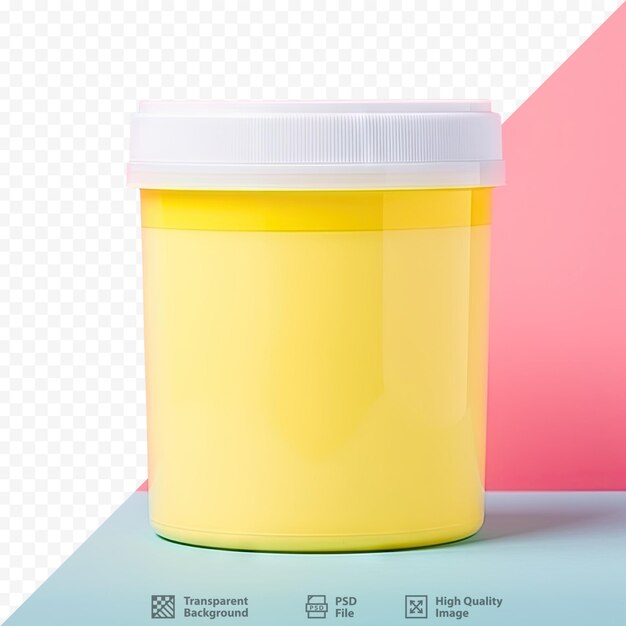 PSD vernice acrilica multicolore in contenitori uno con coperchio giallo e l'altro con contenitore bianco isolato su fondo trasparente