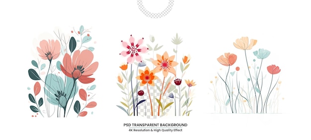 PSD multicolored flowers in scandinavian folk style isolated on white transparent background