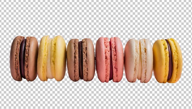 Multicolored macaroons in a row isolated on transparent background