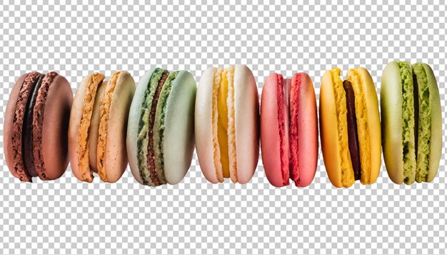 Multicolored macaroons in a row isolated on transparent background