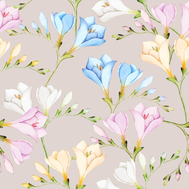 Multicoloured freesia pattern Floral ornament Watercolor print Cute On a beige Fabric Textile Spring
