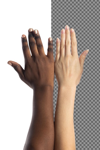 PSD multiethnic young women bare hands as racism freedom they show business friend team harmony have positive expressions agreement world people no limit unity concept white background isolated