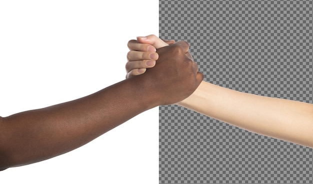 PSD multiethnic young women hold hands together to each other they show business friend team have positive expressions agreement handshake business unity concept white background isolated