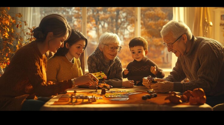PSD multigenerational family playing a board game together at home during autumn