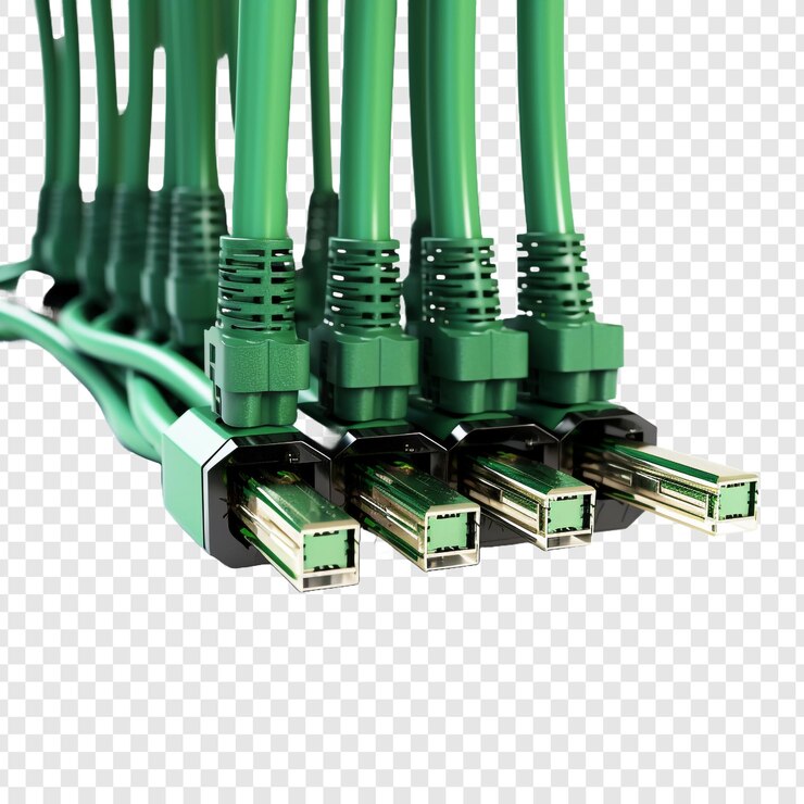 PSD multiple green acoustic audio cables connected isolated on transparent background