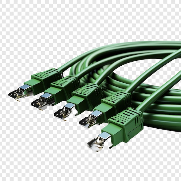 PSD multiple green acoustic audio cables connected isolated on transparent background