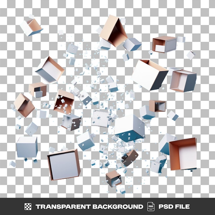 PSD multiple open and closed cardboard boxes explode against a transparent background