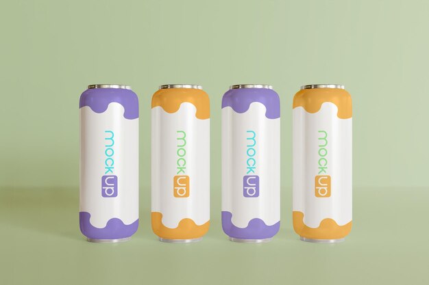 Multiple soda cans mockup front view with editable color