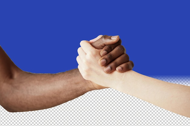 Multiracial handshake between black african man and white caucasian woman two people holding hands