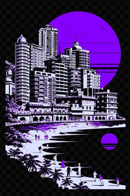 PSD mumbais marine drive with coastal street scene art deco buil psd vector tshirt tattoo ink scape art