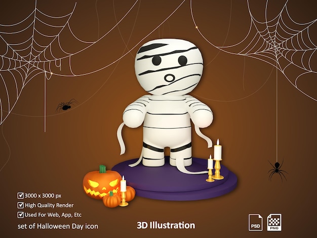 PSD mumia postać 3d ilustrator ikona renderowania z podium halloween