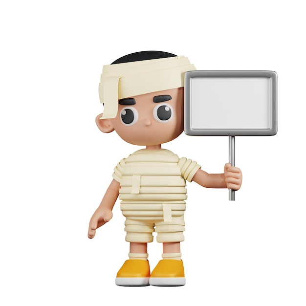 PSD mummie met wit papier teken 3d-cartoon pose