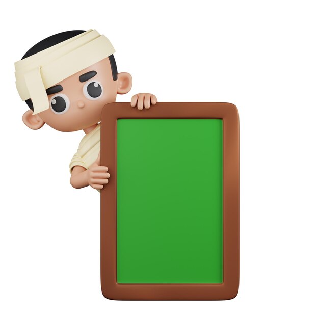 PSD mummy behind a white board 3d cartoon pose