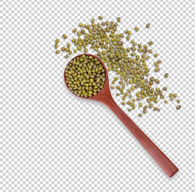 Mung bean seeds in a wooden spoon isolated premium psd top view