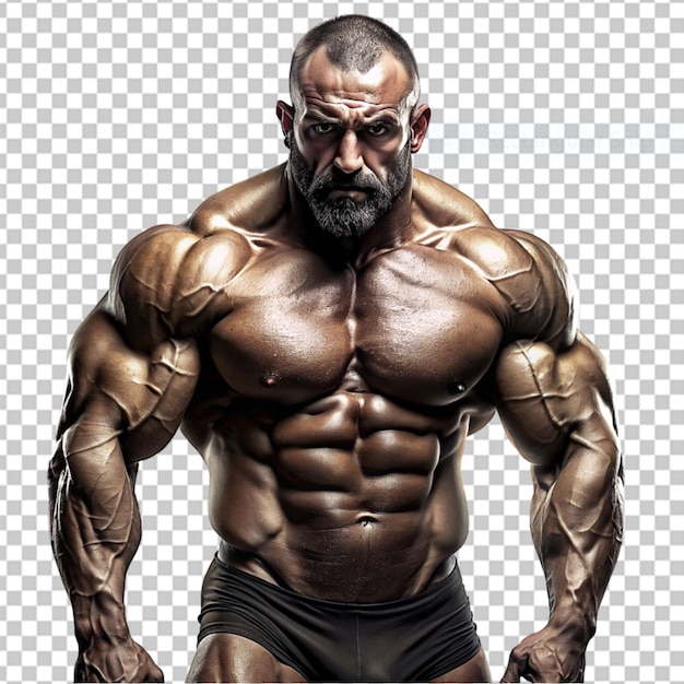 PSD muscular bodybuilder guy doing exercises with transparent background