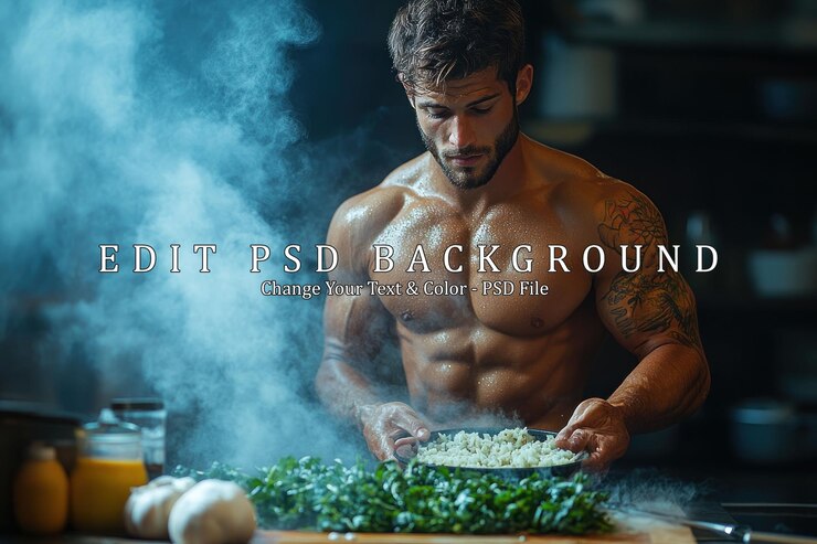 PSD muscular man cooking