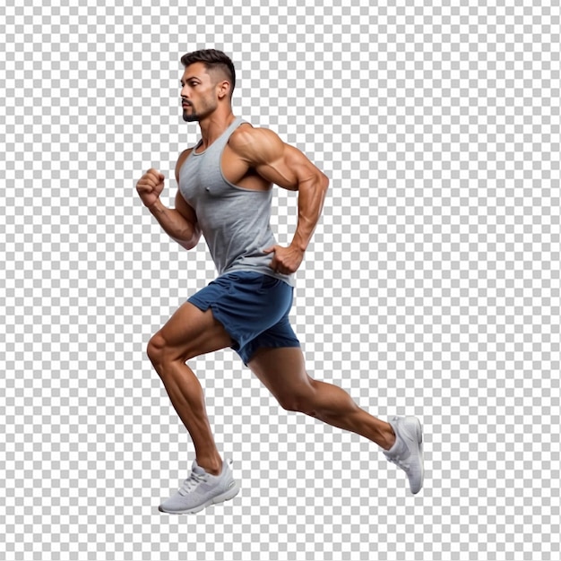 PSD muscular man jumping and looking at camera