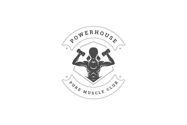 muscular woman silhouette training dumbbells sport fitness club logo design template