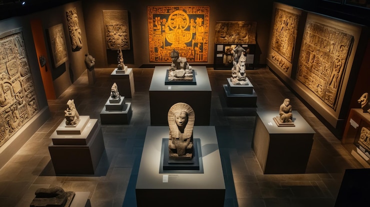 PSD museum exhibit featuring ancient sculptures and artifacts