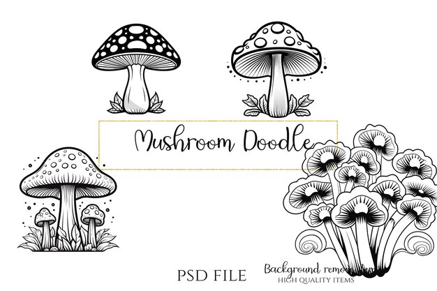 PSD mushroom doodle clipart png (マッシュルーム・ドードル・クリパート)