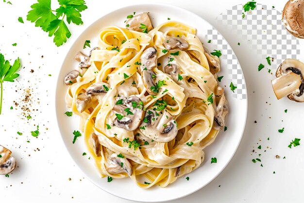 PSD mushroom pasta pappardelle with cream sauce on transparent background