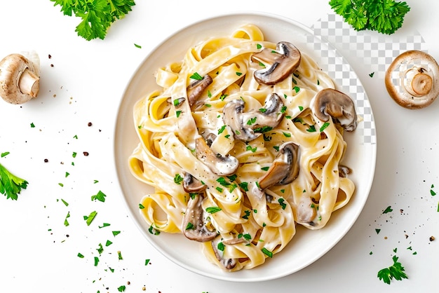 PSD mushroom pasta pappardelle with cream sauce on transparent background