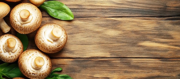 Mushrooms with Green Leaves on Wooden Background