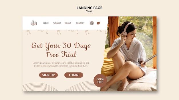 PSD modello di pagina di destinazione dell'app musicale