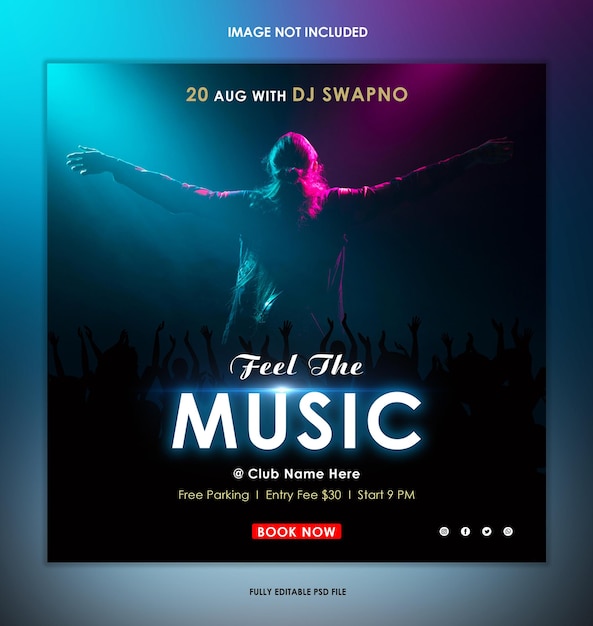 Music banner design template, club dj party flyer social media post banner