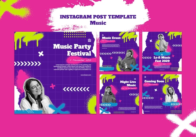 PSD Коллекция постов в instagram о музыкальном событии с эффектом аэрозольной краски