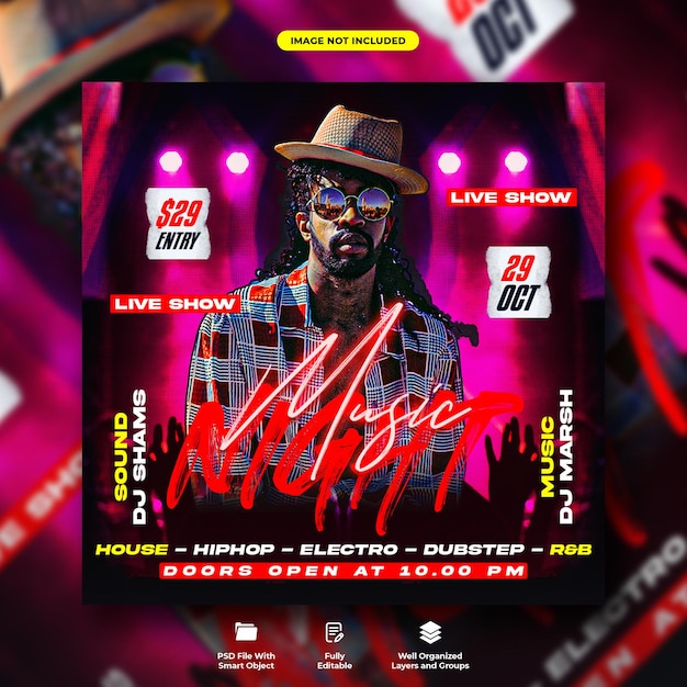 PSD music event night party flyer and social media post template