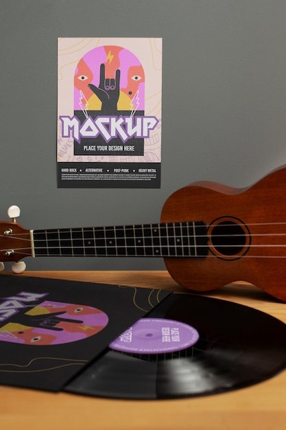 PSD music event poster mock-up design with guitar and vinyl