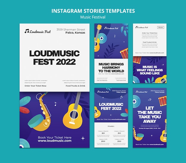 PSD raccolta di storie di instagram del festival musicale con strumenti musicali