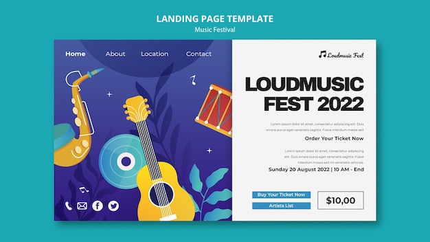 PSD music fest landing page template with musical instruments