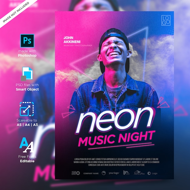 Musica divertimento e modello neon flyer creativo poster design pronto per la stampa