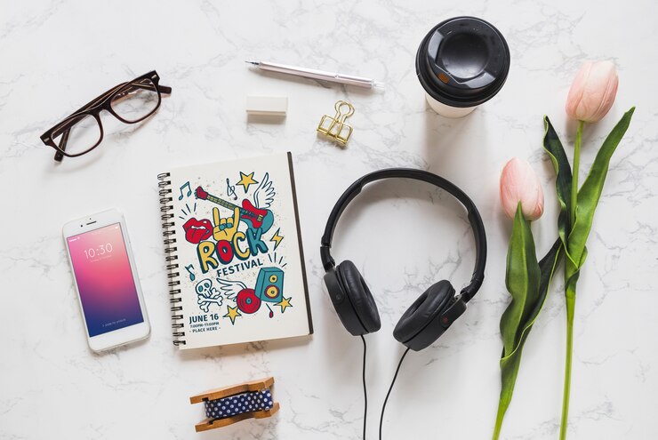 PSD music mockup with headphones and various objects