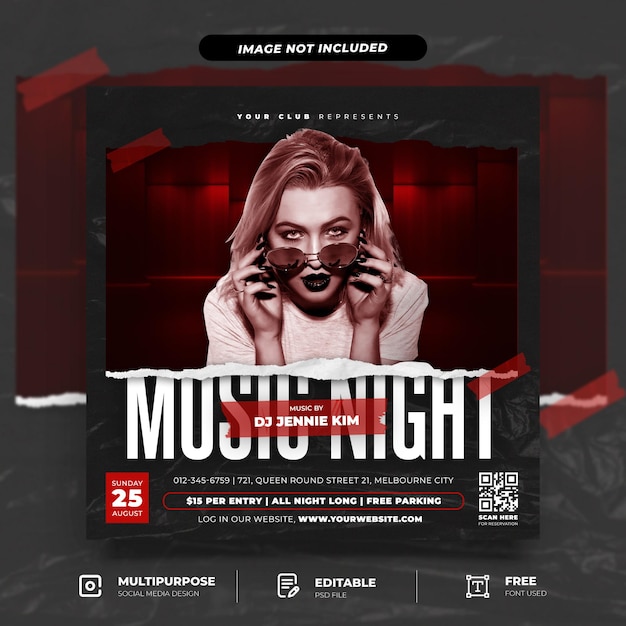 Music Night Party with Torn Paper Style Social Media Post Template