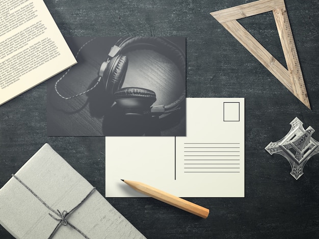 PSD music postcard on desktop mock up